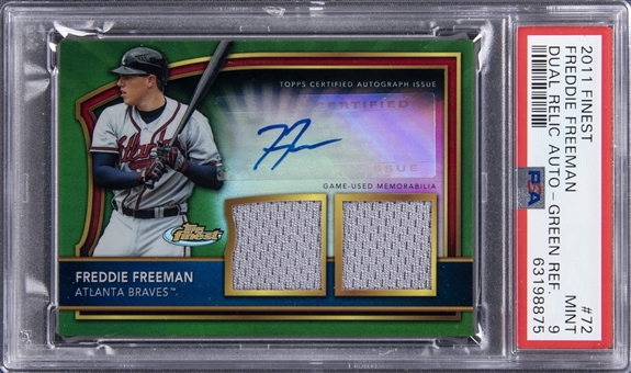 2011 Topps Finest Dual Relic Autographs Green Refractor #72 Freddie Freeman Signed Dual Relic Rookie Card (#127/149) - PSA MINT 9